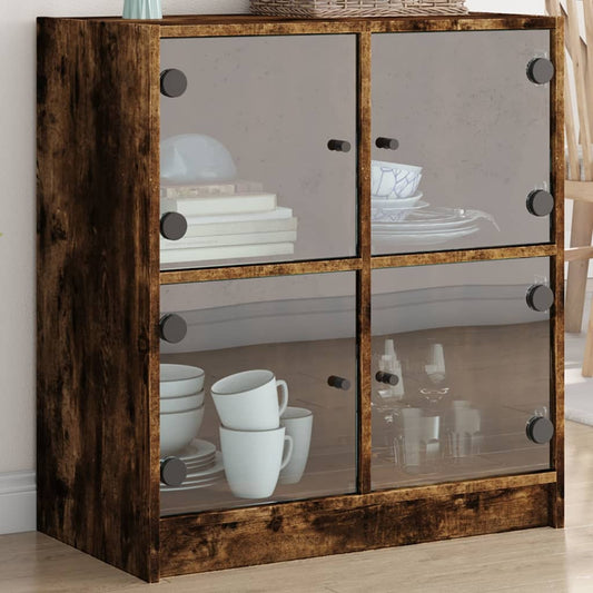 Side Cabinet with Glass Doors Smoked Oak 68x37x75.5 cm