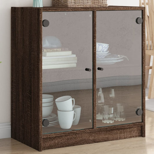 Side Cabinet with Glass Doors Brown Oak 68x37x75.5 cm