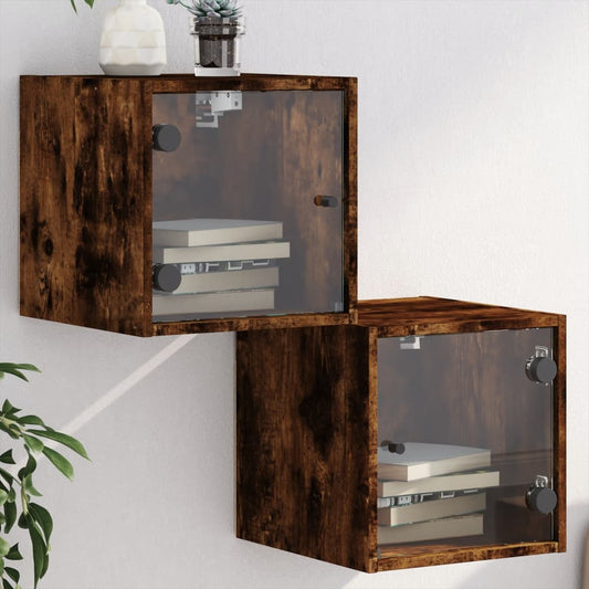 Bedside Cabinets with Glass Doors 2 pcs Smoked Oak 35x37x35 cm