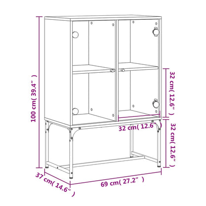Side Cabinet with Glass Doors Grey Sonoma 69x37x100 cm