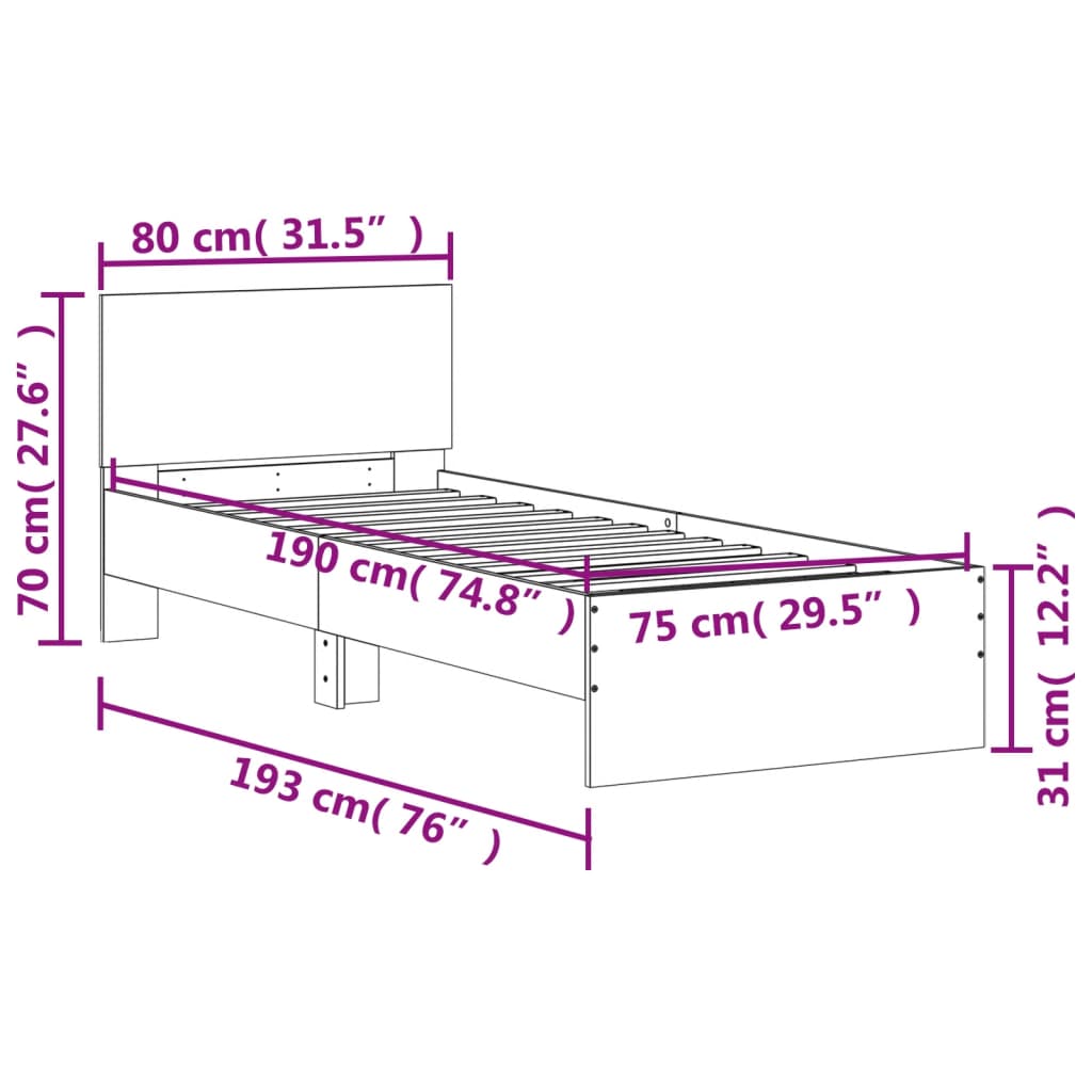 Bed Frame without Mattress with Headboard Sonoma Oak 75x190 cm Small Single