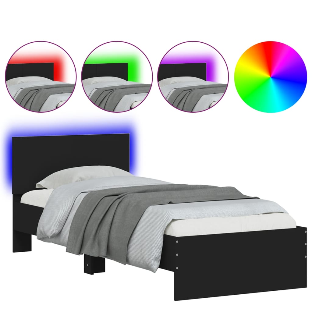 Bed Frame with Headboard and LED Lights Black 90x190 cm Single
