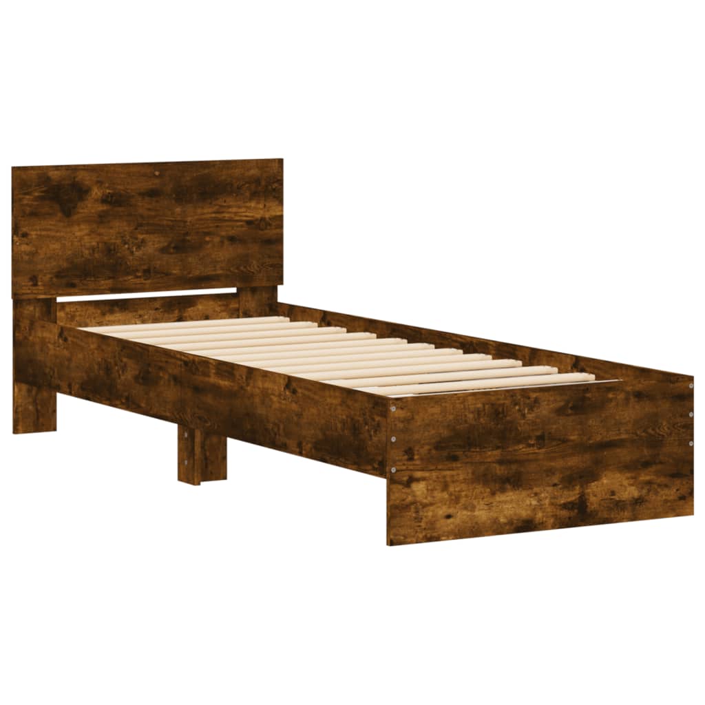 Bed Frame with Headboard and LED Lights Smoked Oak 90x190 cm Single