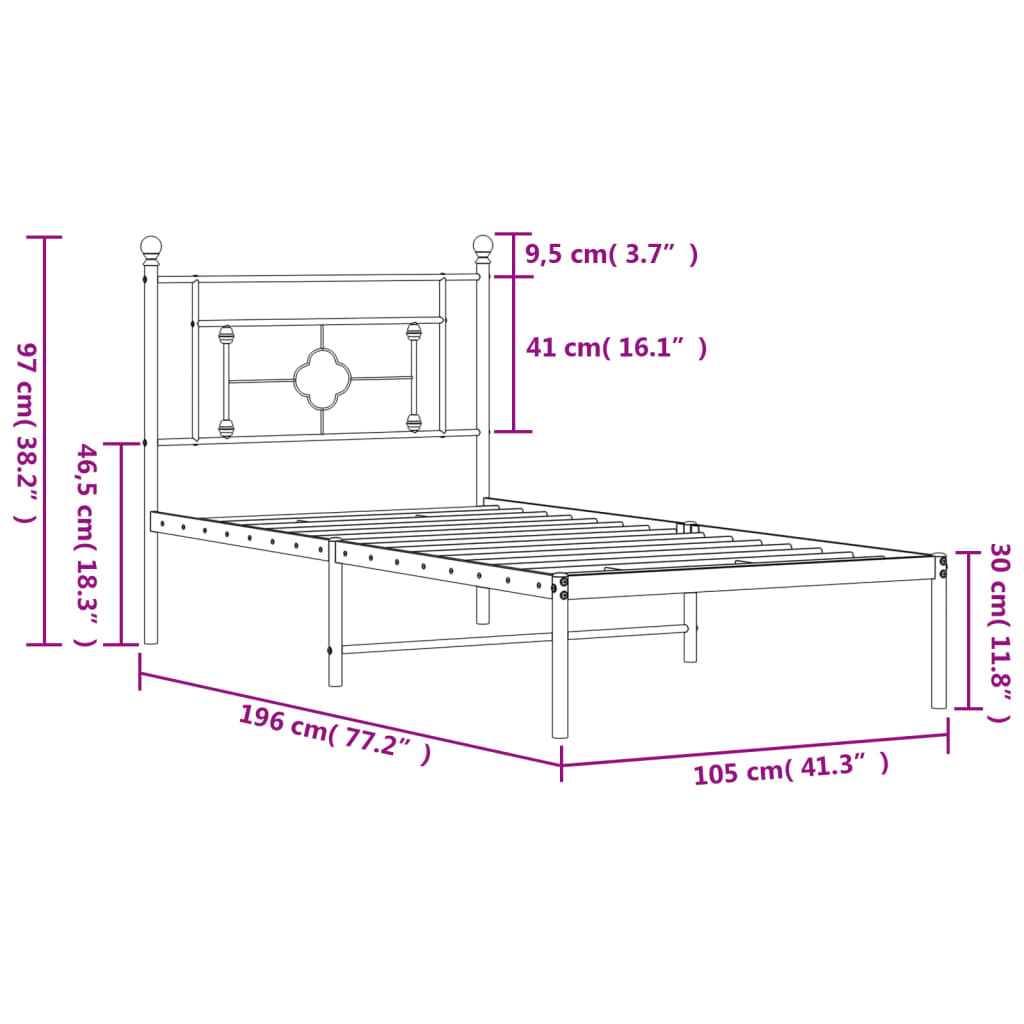 Metal Bed Frame without Mattress with Headboard Black 100x190cm