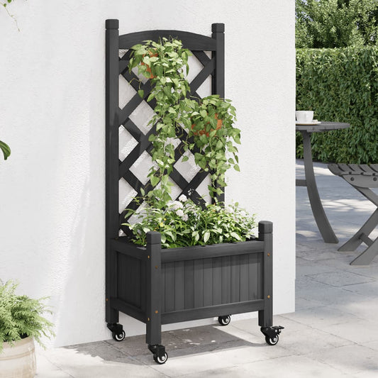 Planter with Trellis and Wheels Black Solid Wood Fir