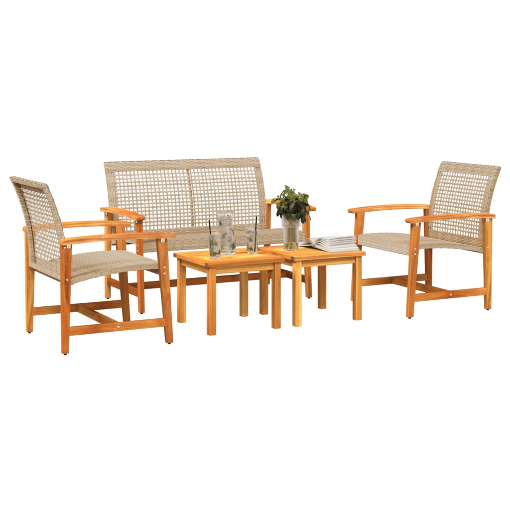5 Piece Garden Lounge Set Beige Poly Rattan and Acacia Wood